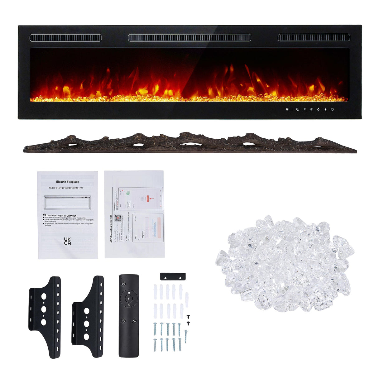 Garden Sanctuary 40-70 inch freestanding smart electric fireplace showing 12 flame colors and modern design.