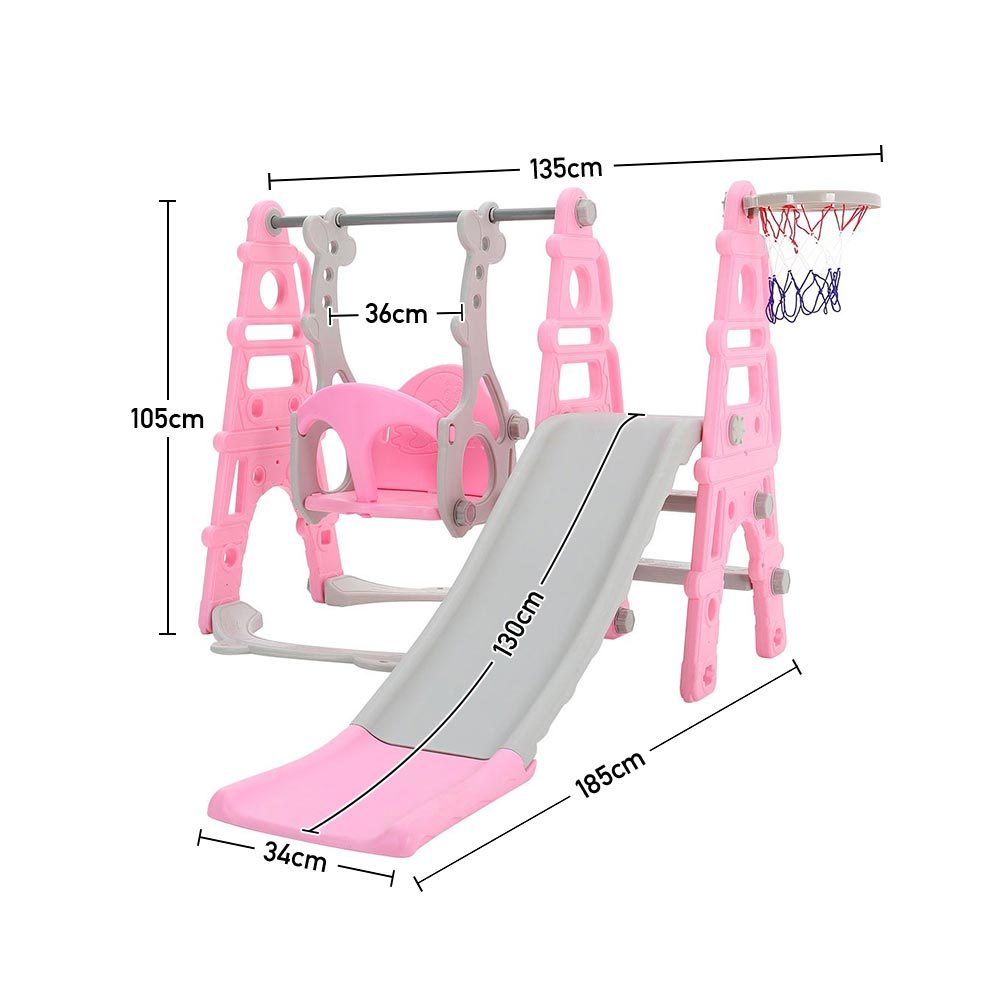 Garden Sanctuary toddler swing and slide set with basketball hoop, colorful blue and pink kids' outdoor activity equipment