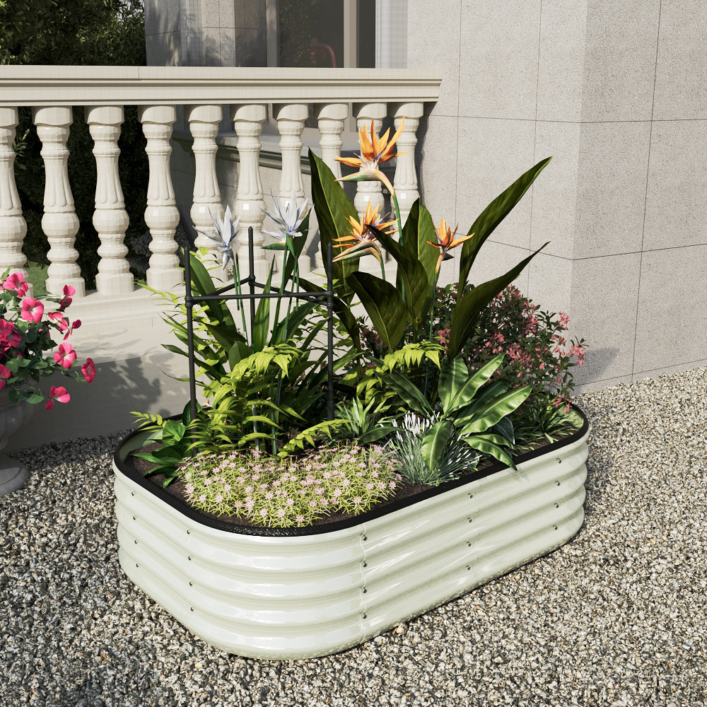 Galvanized steel raised garden bed by Garden Sanctuary, outdoor gardening storage and tools setup with lush plants.