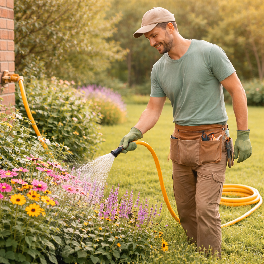 Garden Sanctuary 25/30CM PVC garden hose coiled for outdoor storage, durable flexible water hose for gardening and outdoor use.
