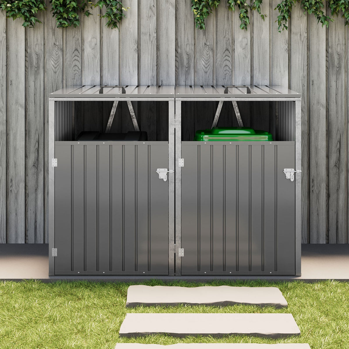 Garden Sanctuary 5x4 ft metal double bin storage shed with sturdy steel construction and double doors for outdoor organization.