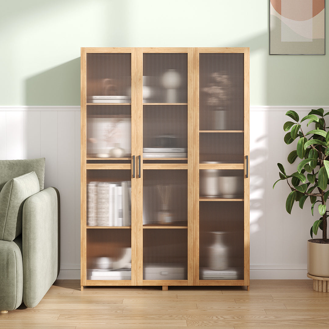 Garden Sanctuary storage cabinet with clear acrylic doors and wooden frame, ideal for organizing household or garden supplies.