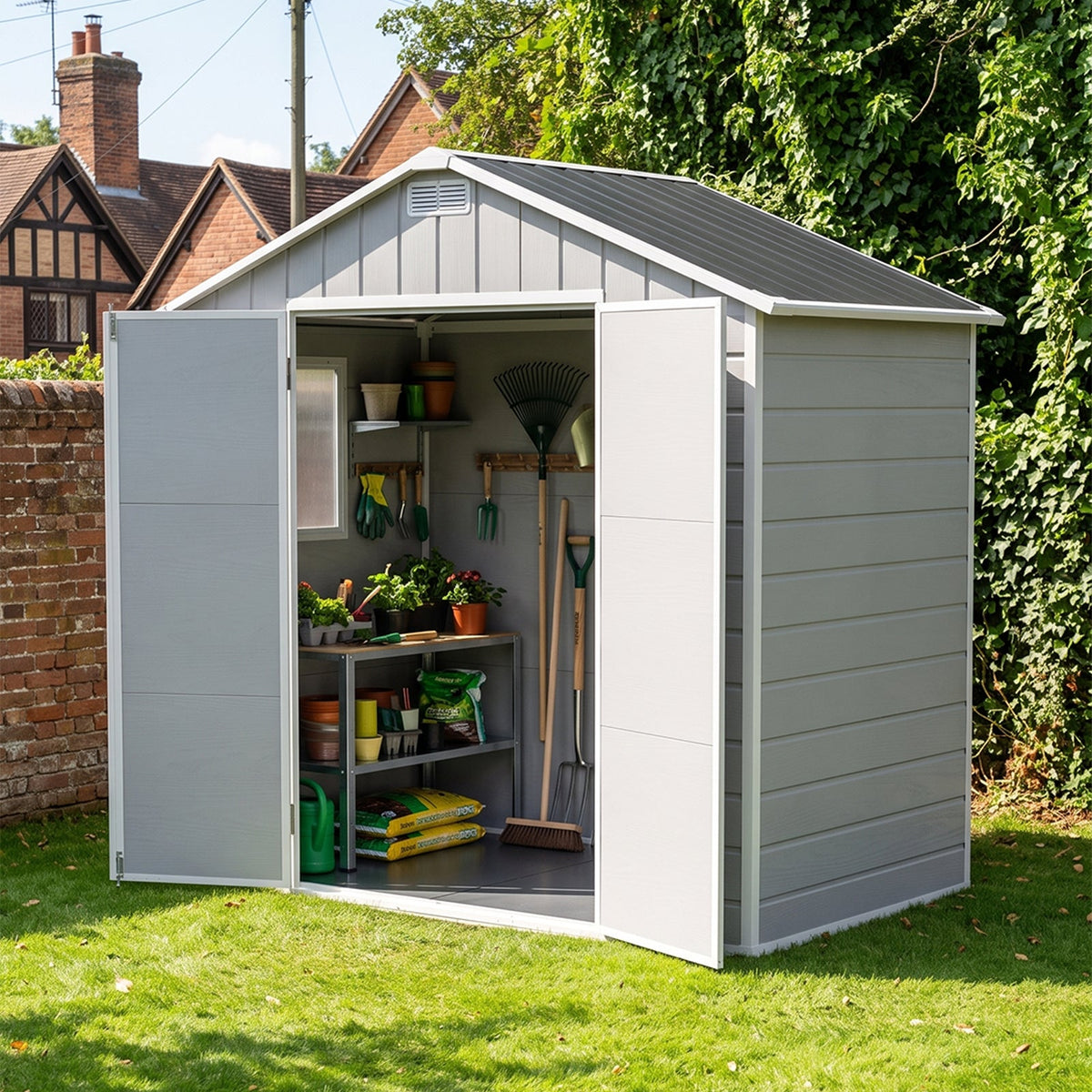 Plastic garden storage shed with apex roof and lockable double doors, 8 x 4 ft by Garden Sanctuary, suitable for outdoor storage