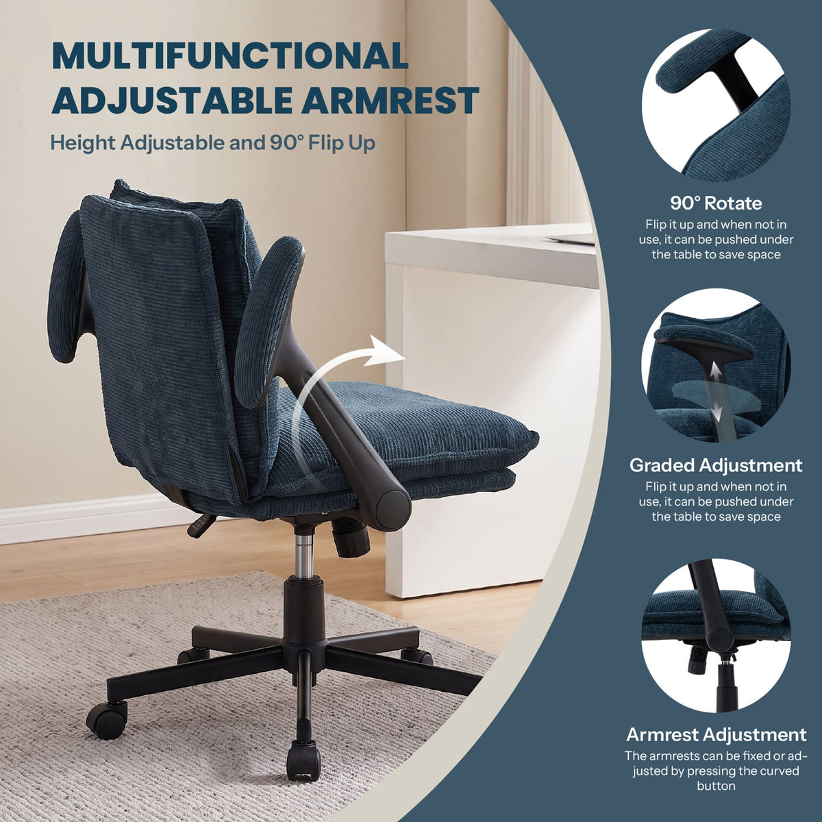 Garden Sanctuary chenille height-adjustable office chair with padded seat and backrest, featuring a modern design and ergonomic features.