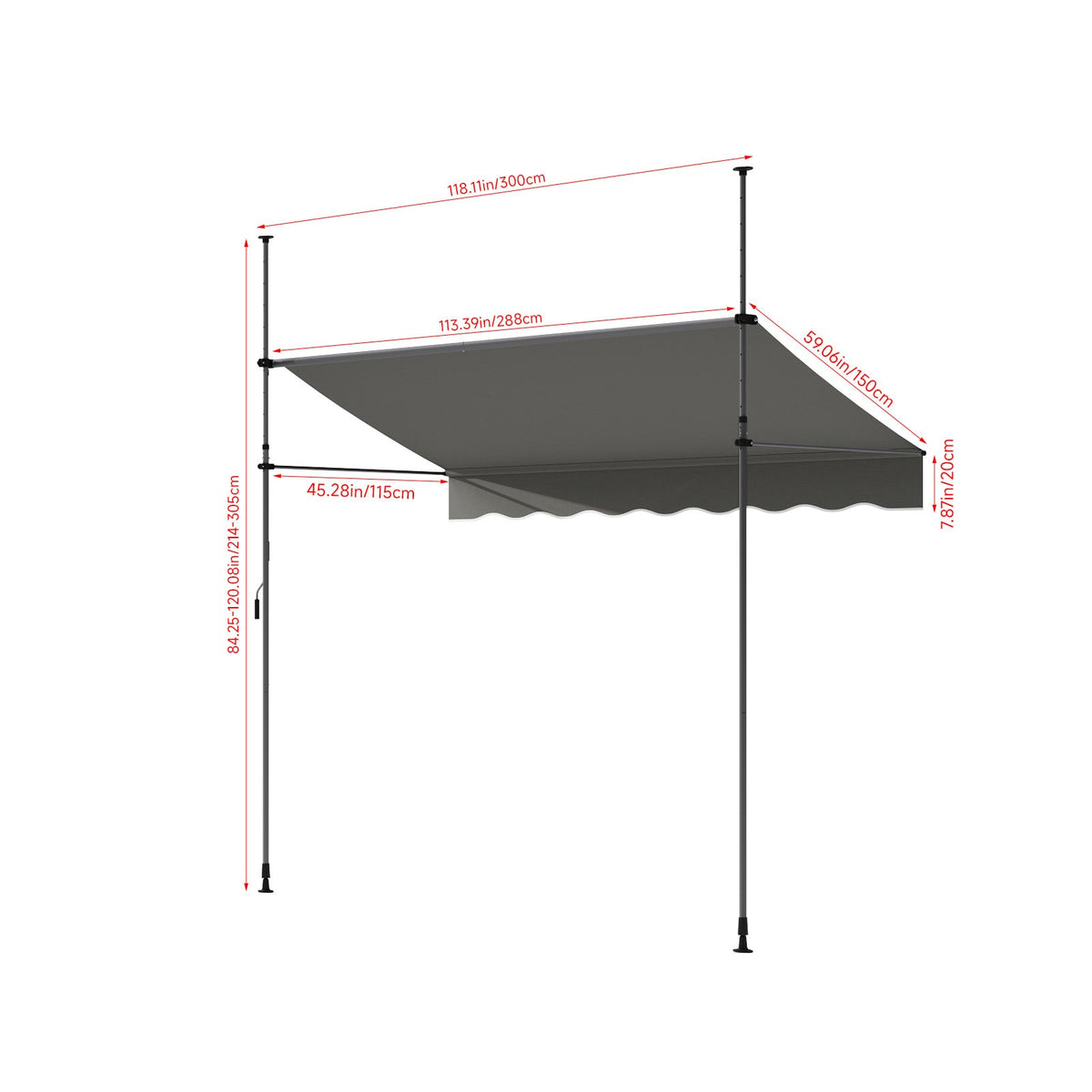 Garden Sanctuary retractable awning with adjustable support poles, showing its fabric canopy and sturdy side supports.