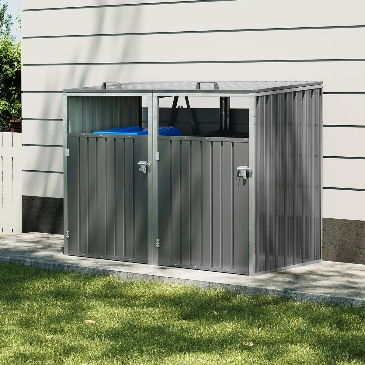 Metal double bin storage shed by Garden Sanctuary, 5x4 feet, with sturdy panels and double doors for outdoor organization.