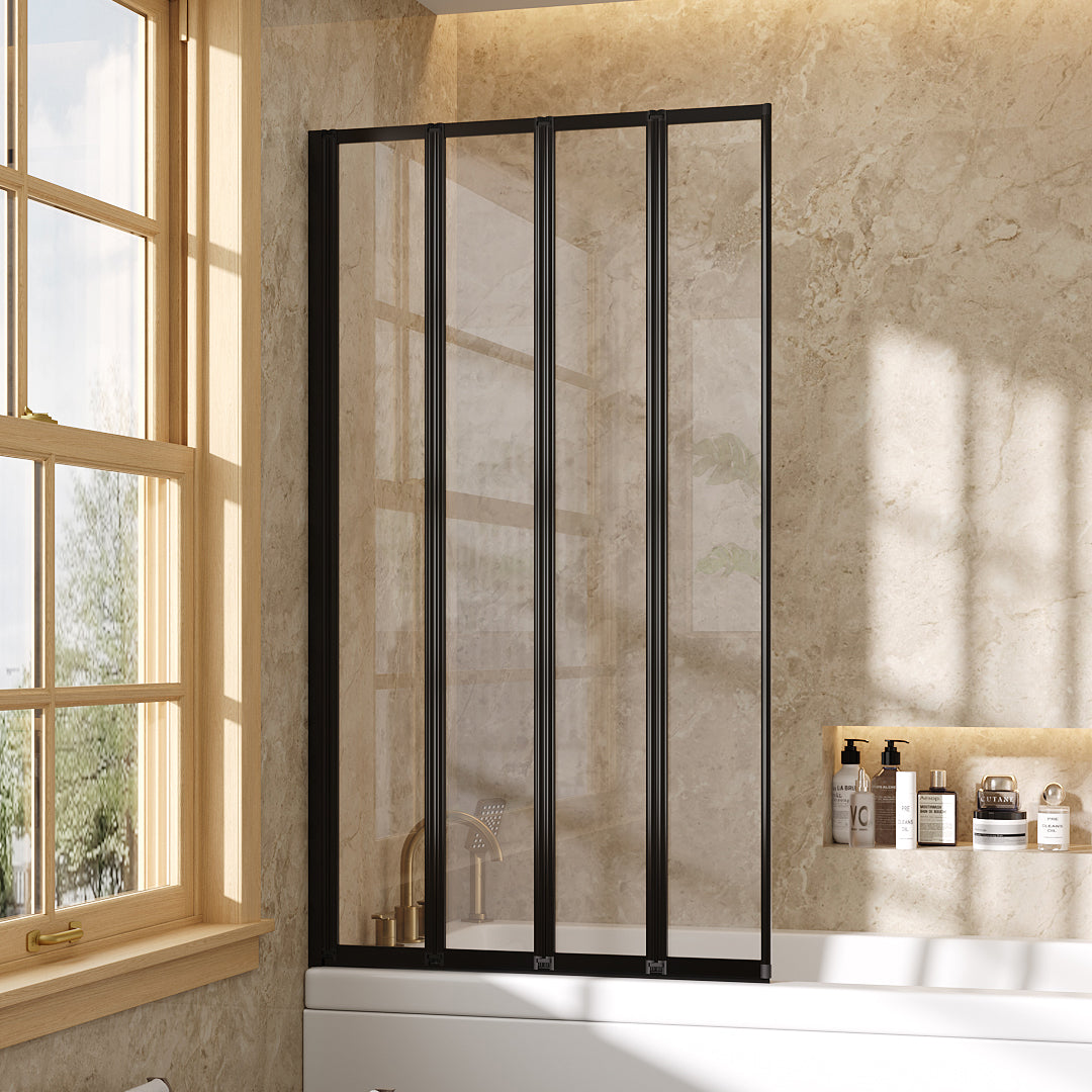 Four-panel folding over bath shower screen by Garden Sanctuary with clear glass panels and chrome hinges for easy opening and closing.