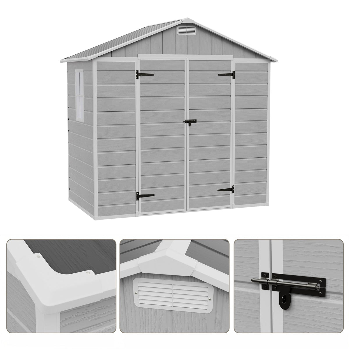 Plastic garden storage shed with apex roof and lockable double doors, 8x4 ft, by Garden Sanctuary, shown with open doors and outdoor setting.