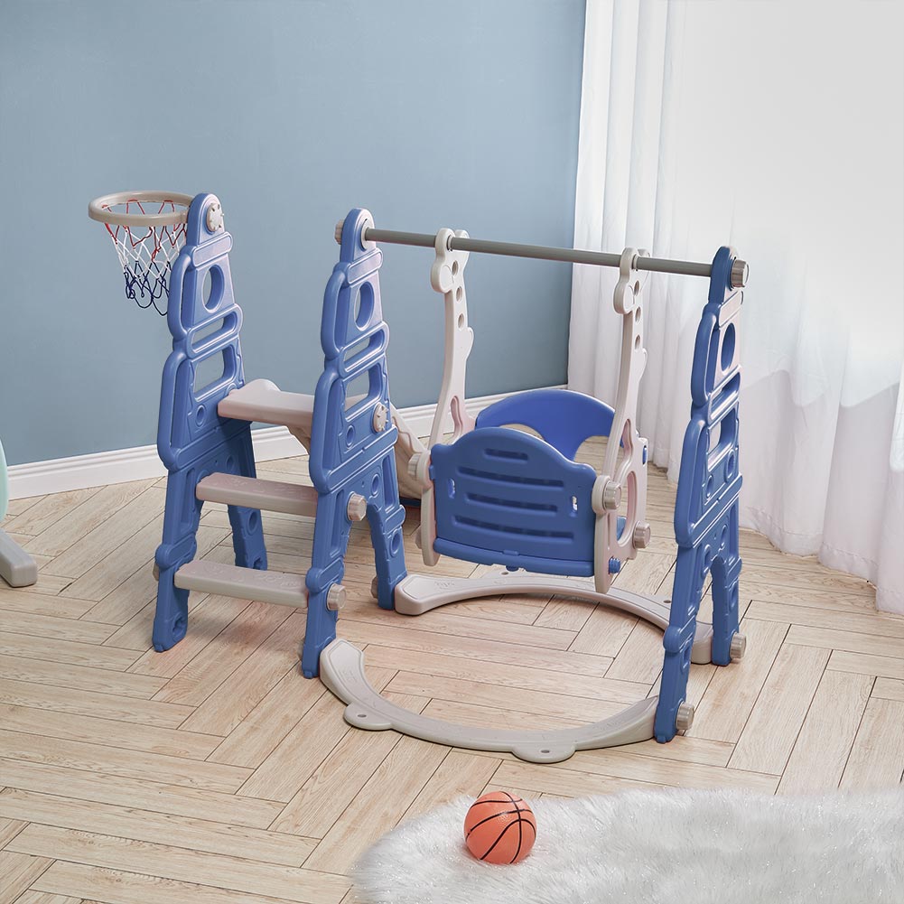 Blue and pink kids toddler swing and slide set with basketball hoop, Garden Sanctuary baby toys and activity equipment for active play