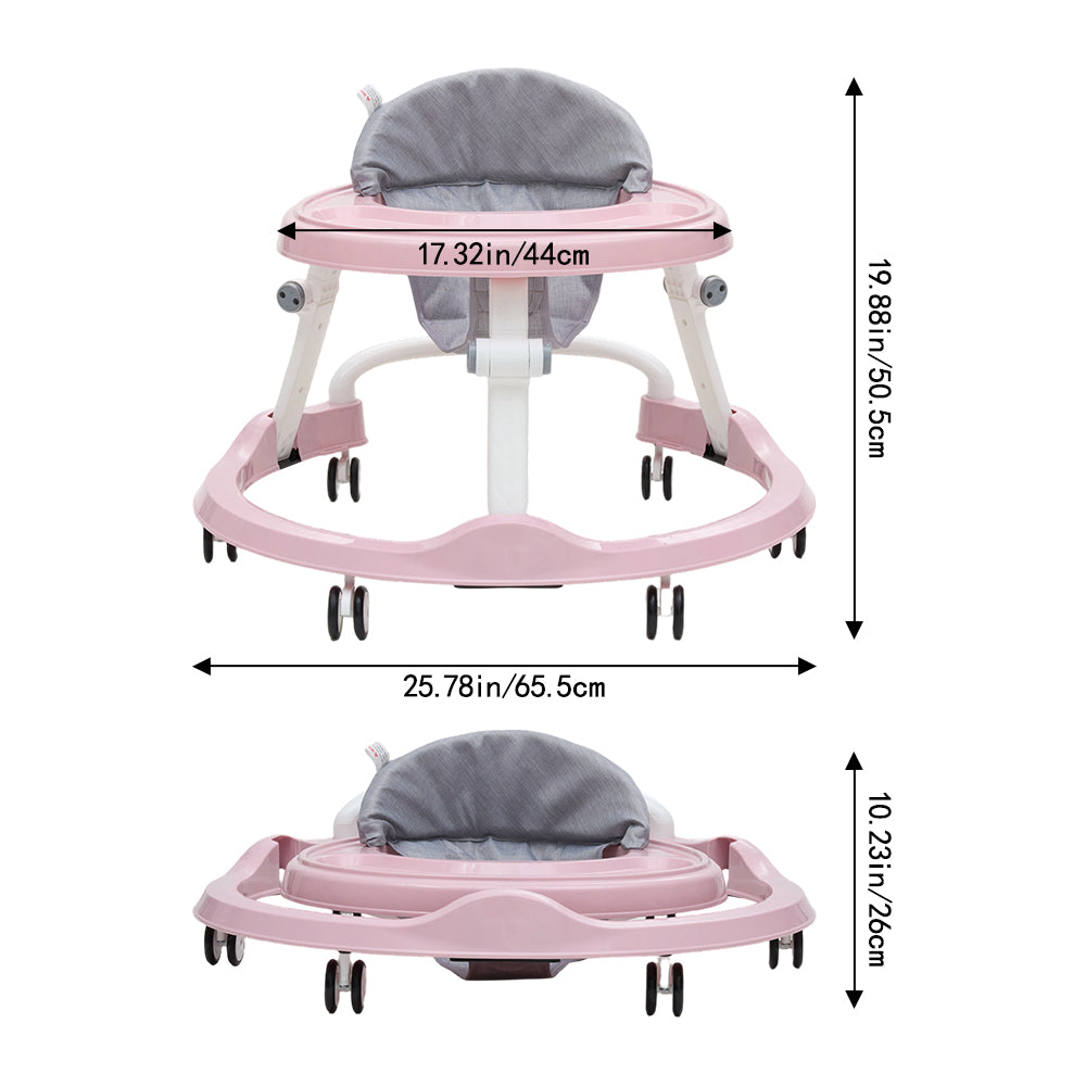 Garden Sanctuary foldable adjustable baby walker rocking chair with a soft cushioned seat and wooden frame.