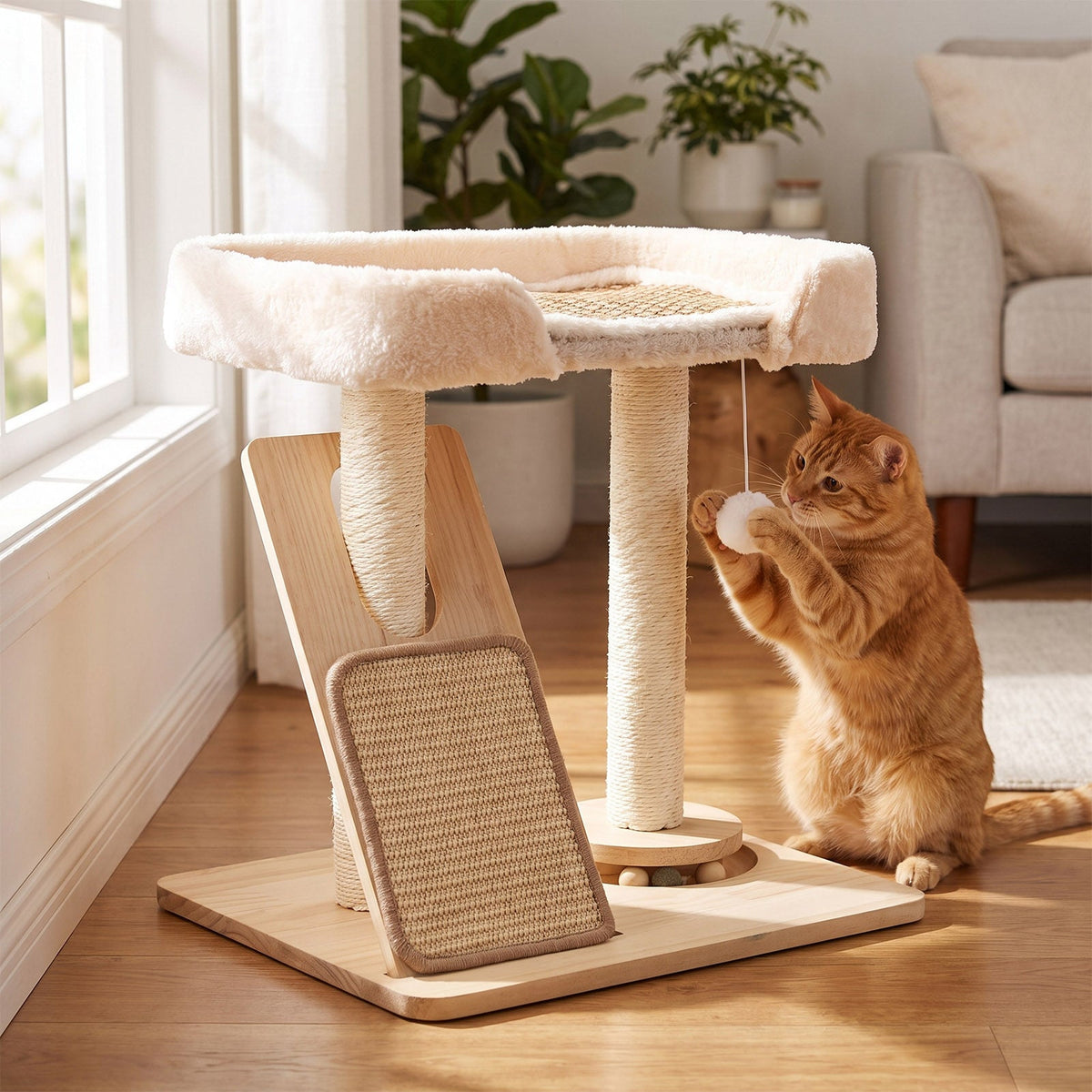 Garden Sanctuary cat tree with scratching posts and hanging toy, designed for climbing and play, perfect for indoor cats.