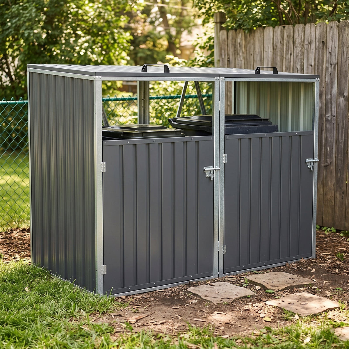 Metal double bin storage shed by Garden Sanctuary, 5x4 ft, with sturdy construction and double doors for secure outdoor organization.