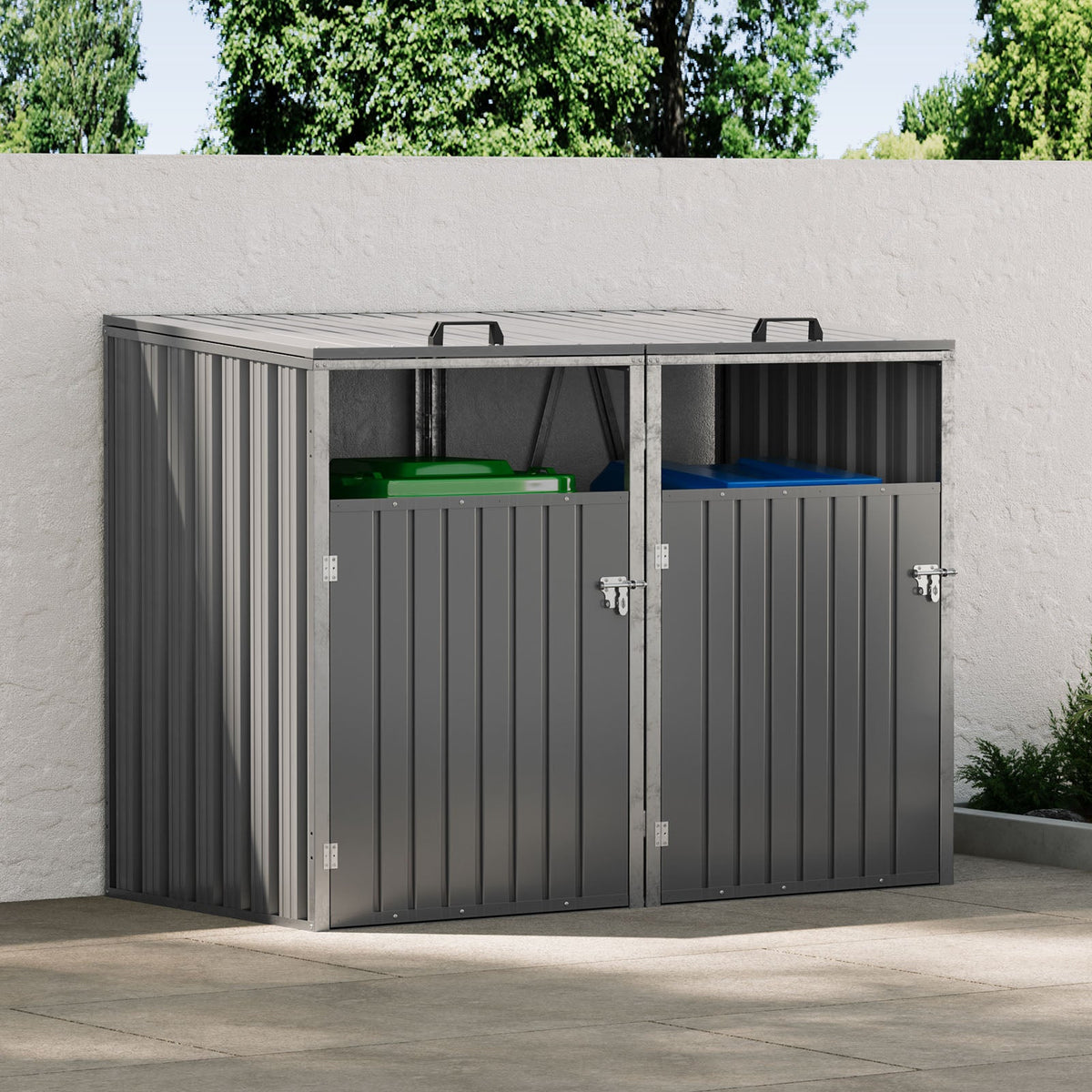 Garden Sanctuary 5x4 ft metal double bin storage shed with secure doors and ventilation for outdoor waste and recycling storage.