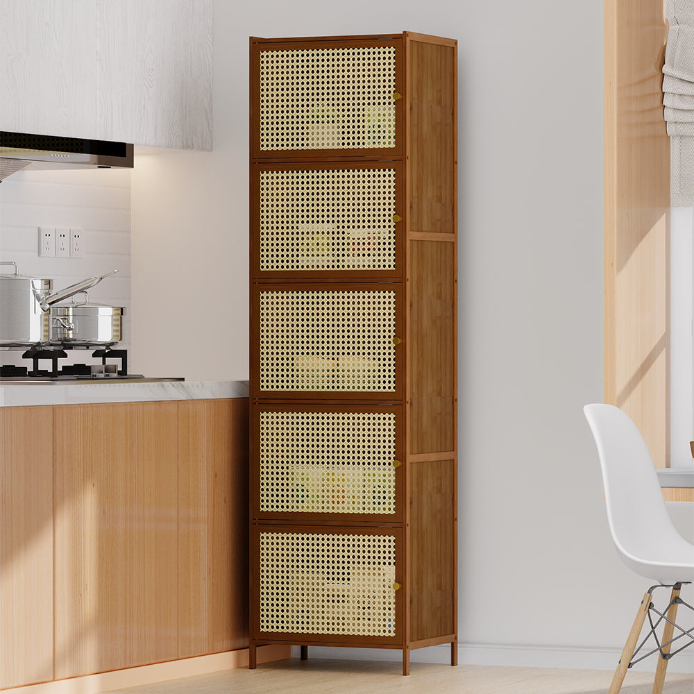 Garden Sanctuary narrow bookcase storage cabinet with doors, featuring a sleek wooden finish and multiple shelves for organization.