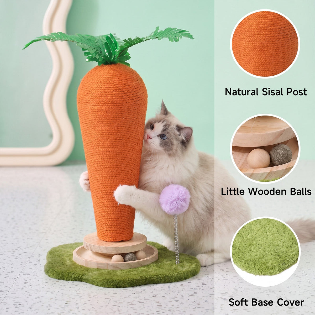 Garden Sanctuary carrot-shaped cat scratching post with turntable toy, designed for cats to scratch, play, and entertain.
