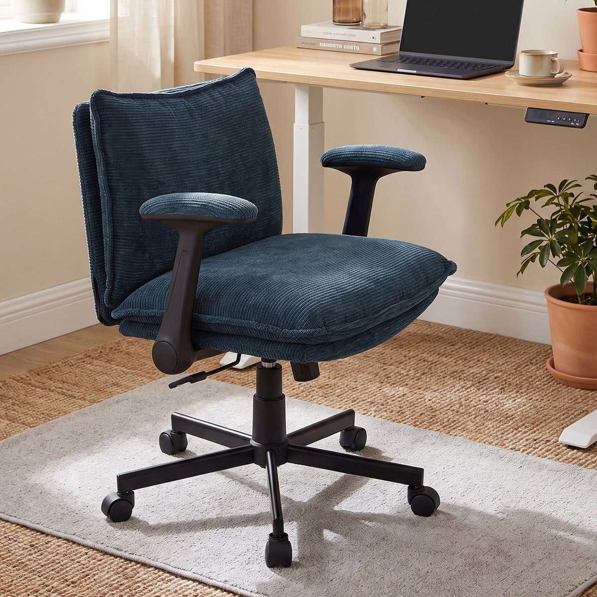 Garden Sanctuary chenille height-adjustable office chair with cushioned seat and backrest, featuring a modern design and ergonomic support.