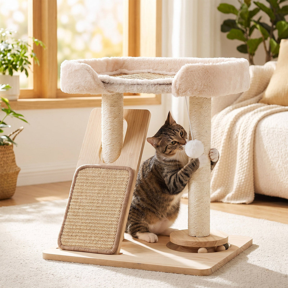 Garden Sanctuary cat tree with scratching posts and hanging toy, providing a fun and cozy climbing space for cats.