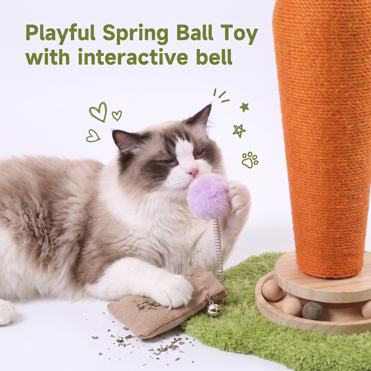 Garden Sanctuary carrot-shaped cat litter box with built-in scratching post and turntable toy for feline entertainment and comfort.