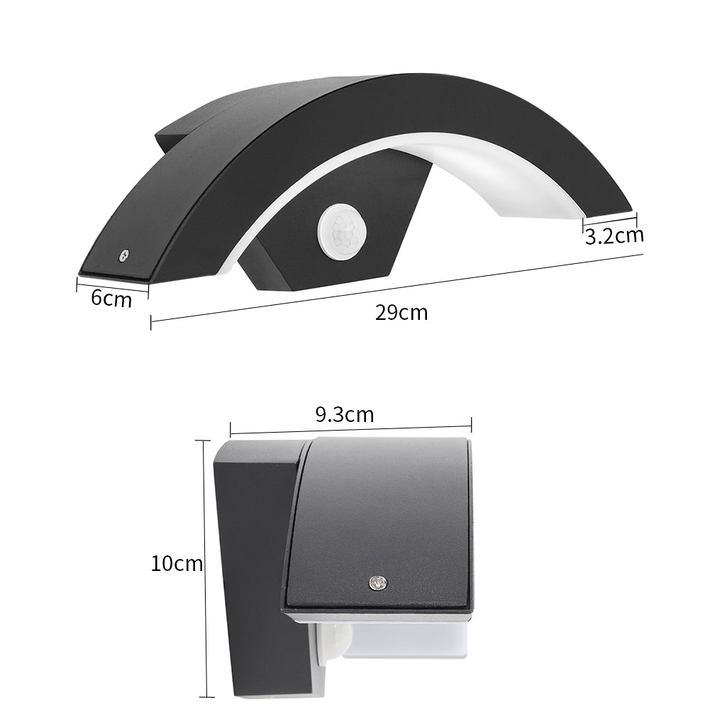 Modern black LED curved outdoor wall light from Garden Sanctuary, sleek design with energy-efficient induction lighting.