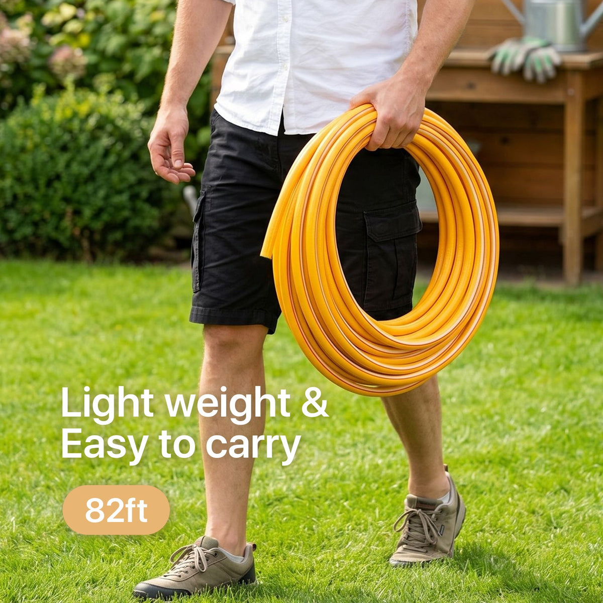 Garden Sanctuary 25/30CM PVC garden hose coiled for outdoor storage, durable and flexible for watering gardens and outdoor tasks.