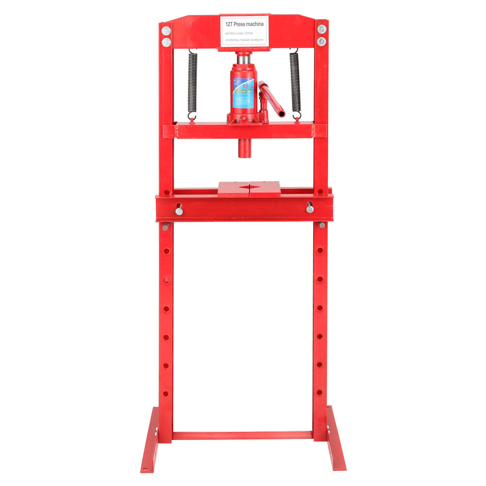 Garden Sanctuary 12 Ton floor standing hydraulic press with sturdy frame and control handle for heavy-duty pressing tasks.