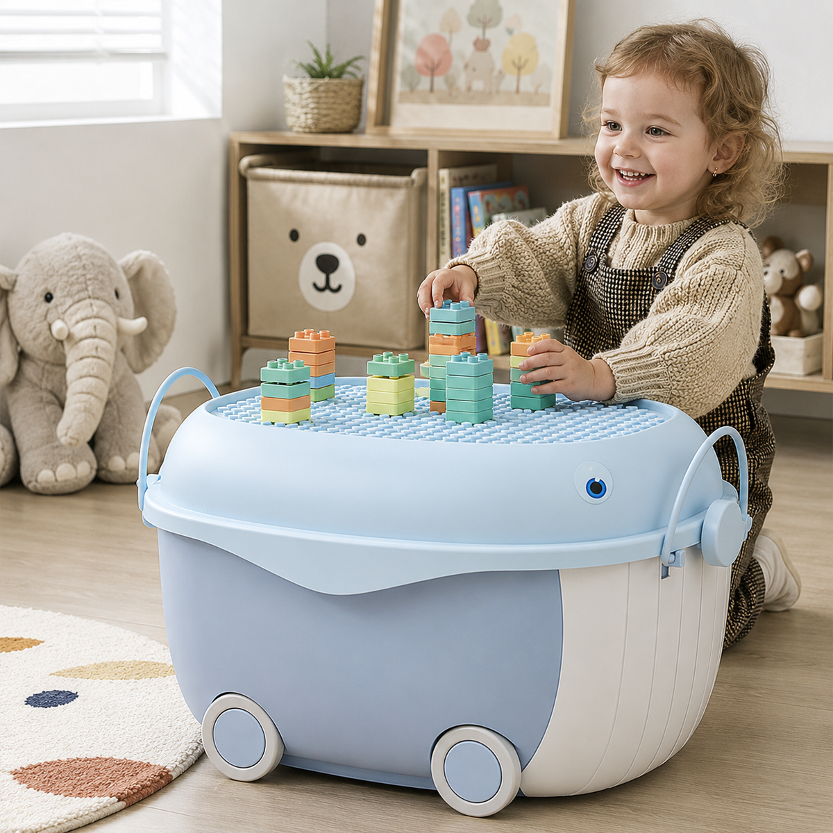 Dolphin-shaped toy storage box on wheels from Garden Sanctuary, colorful plastic storage container for kids' toys and organization