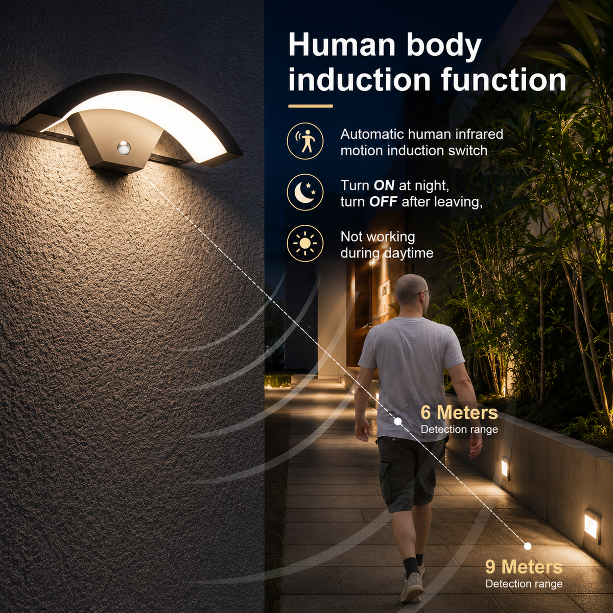 Modern black LED curved outdoor wall light by Garden Sanctuary, designed for stylish outdoor illumination.