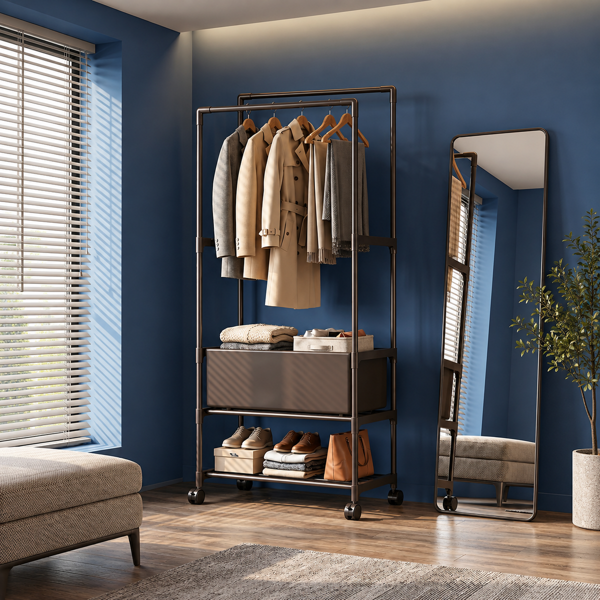 Metal clothes rack with double rods on wheels, Garden Sanctuary brand, featuring sturdy metal construction and mobility for hanging garments.