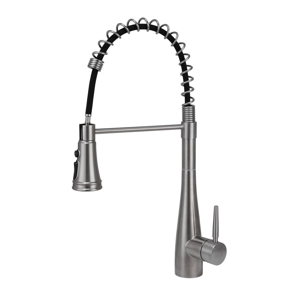 Garden Sanctuary pre-rinse pull-down swivel kitchen faucet with chrome finish and flexible hose, mounted on a modern kitchen sink.