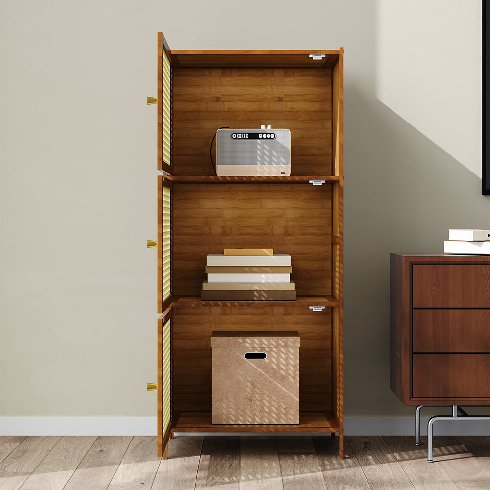 Garden Sanctuary 3-tier narrow bookcase with doors, wooden cabinet for storage and display in a modern home interior.