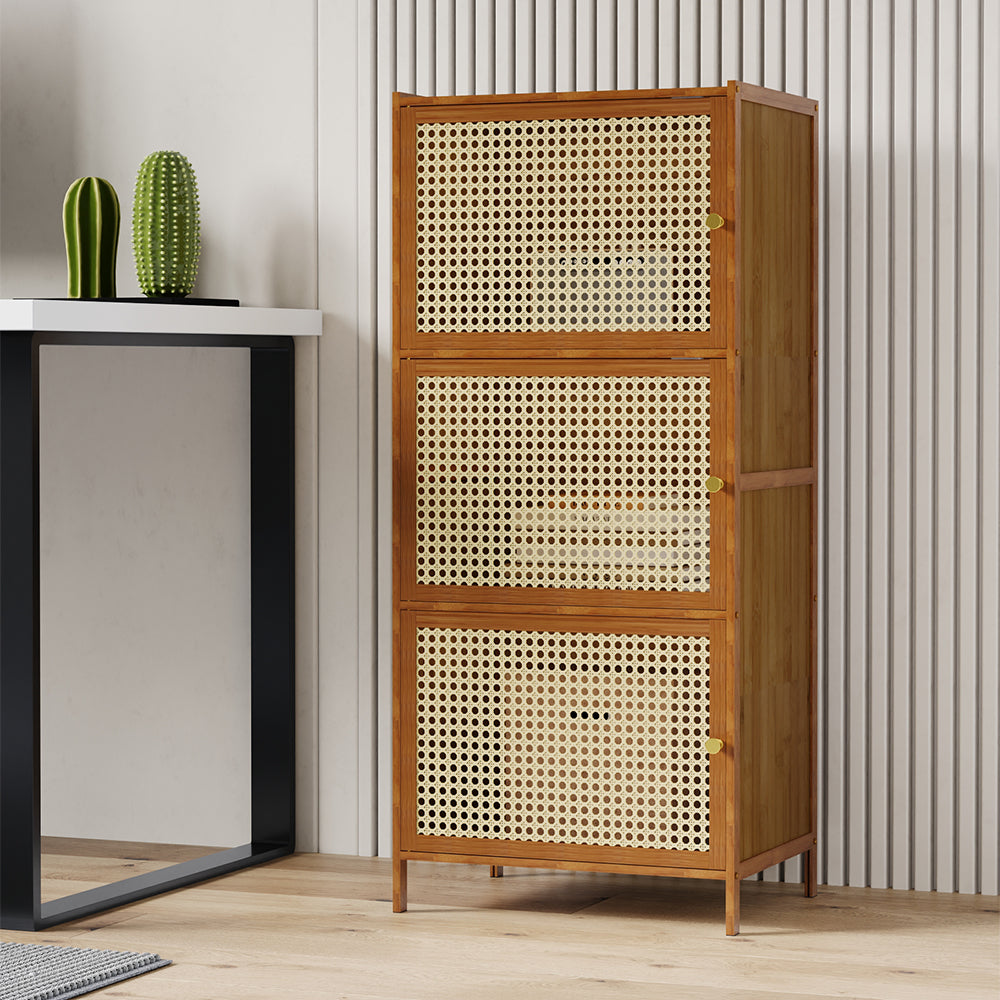 Garden Sanctuary 3-tier narrow bookcase with doors, wood cabinet for storage and organization, shown in a light finish.