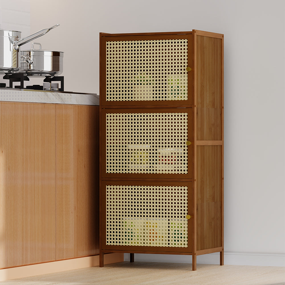 Garden Sanctuary 3-tier narrow bookcase with doors, wooden cabinet for storage and display in a modern home interior.