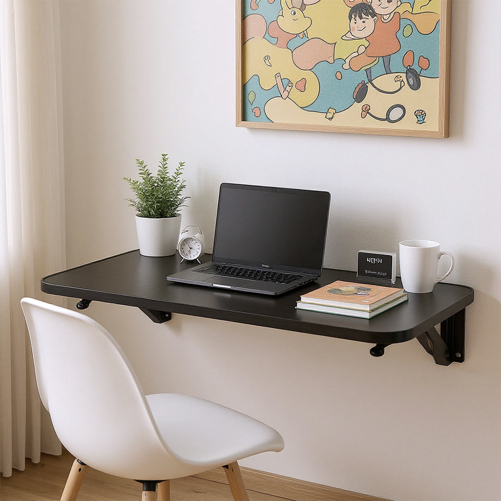 Wall-mounted folding table with iron brackets, Garden Sanctuary, showing the sturdy design and space-saving feature for versatile use.