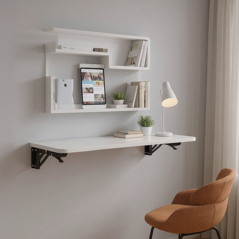 Wall-mounted folding table with iron brackets by Garden Sanctuary, showing a sturdy wooden surface and metal support brackets.