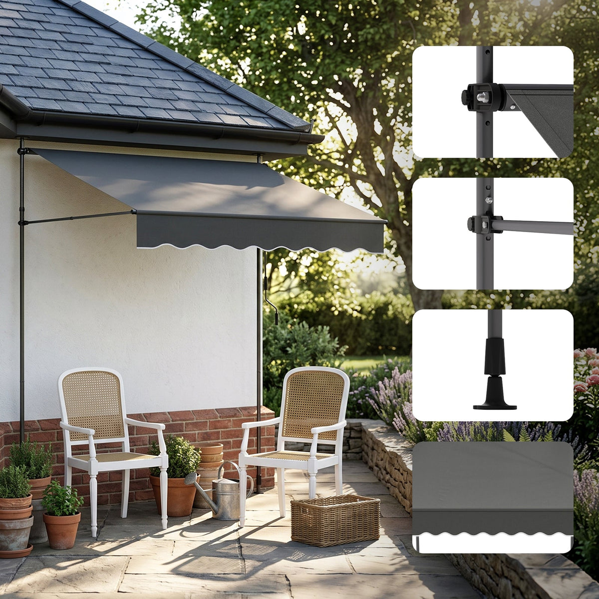 Garden Sanctuary retractable awning with adjustable support poles, showing its fabric canopy and sturdy mounting brackets.