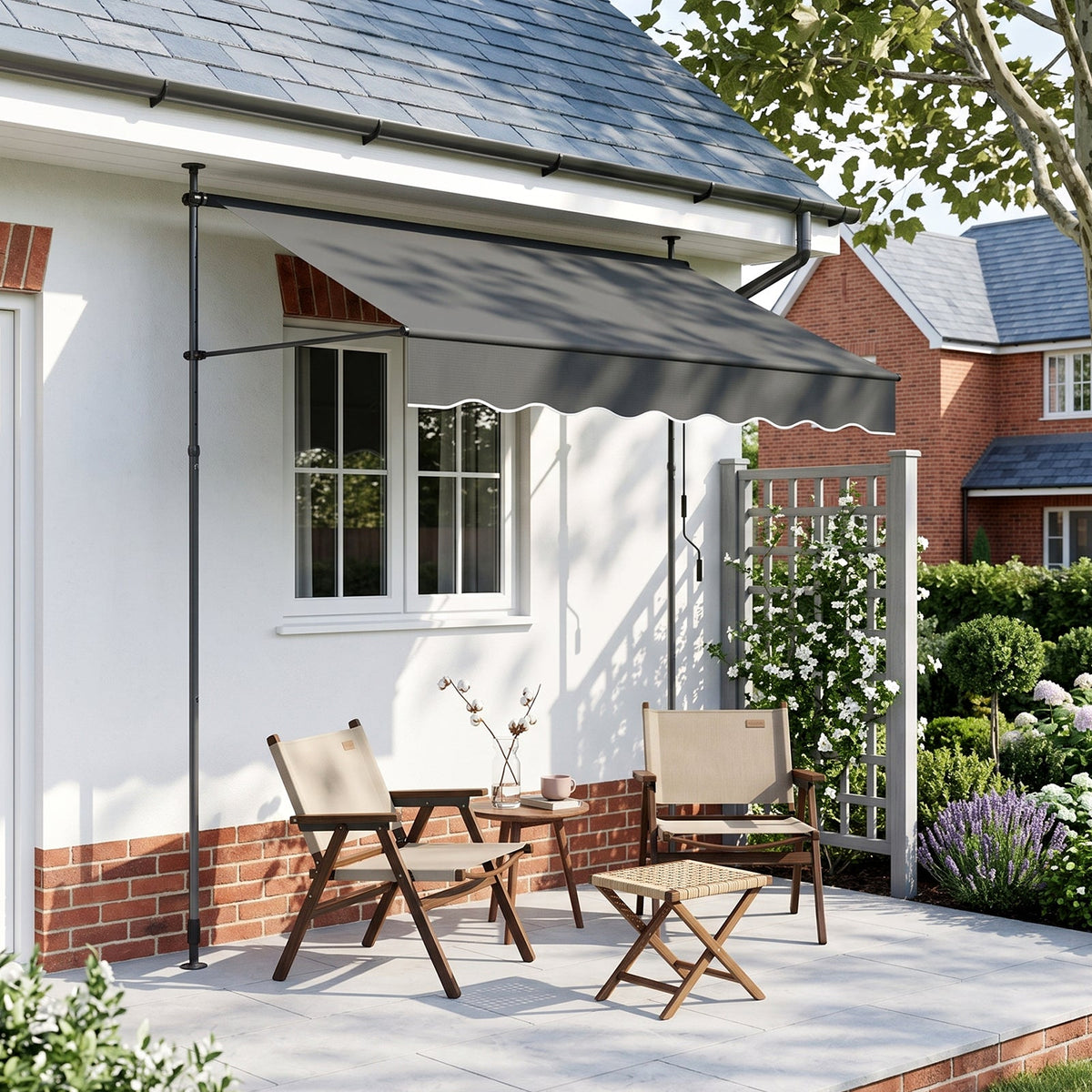 Garden Sanctuary retractable awning with adjustable support poles, showcasing its fabric canopy and mounting hardware.