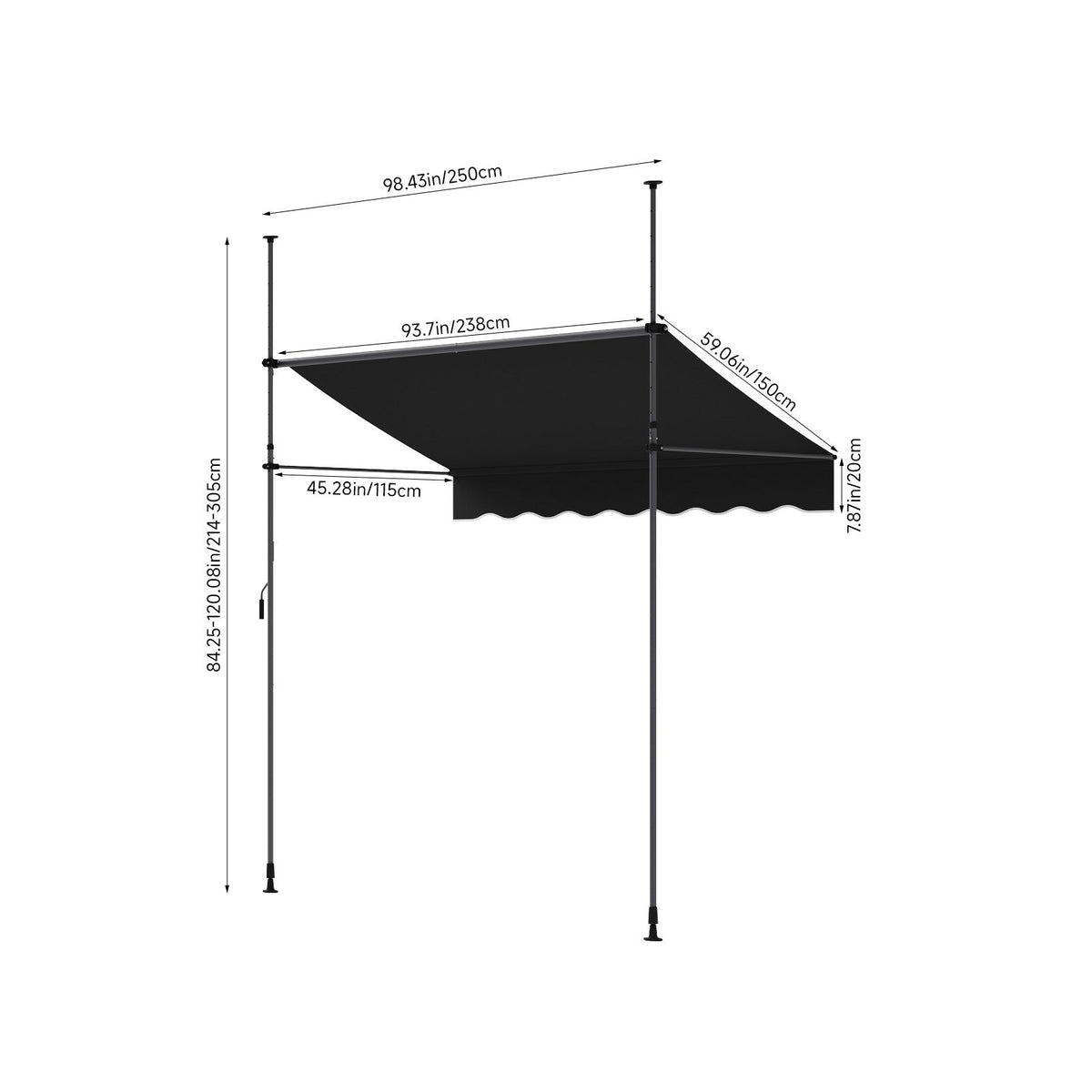 Retractable awning with adjustable support poles from Garden Sanctuary, providing shade and outdoor coverage.