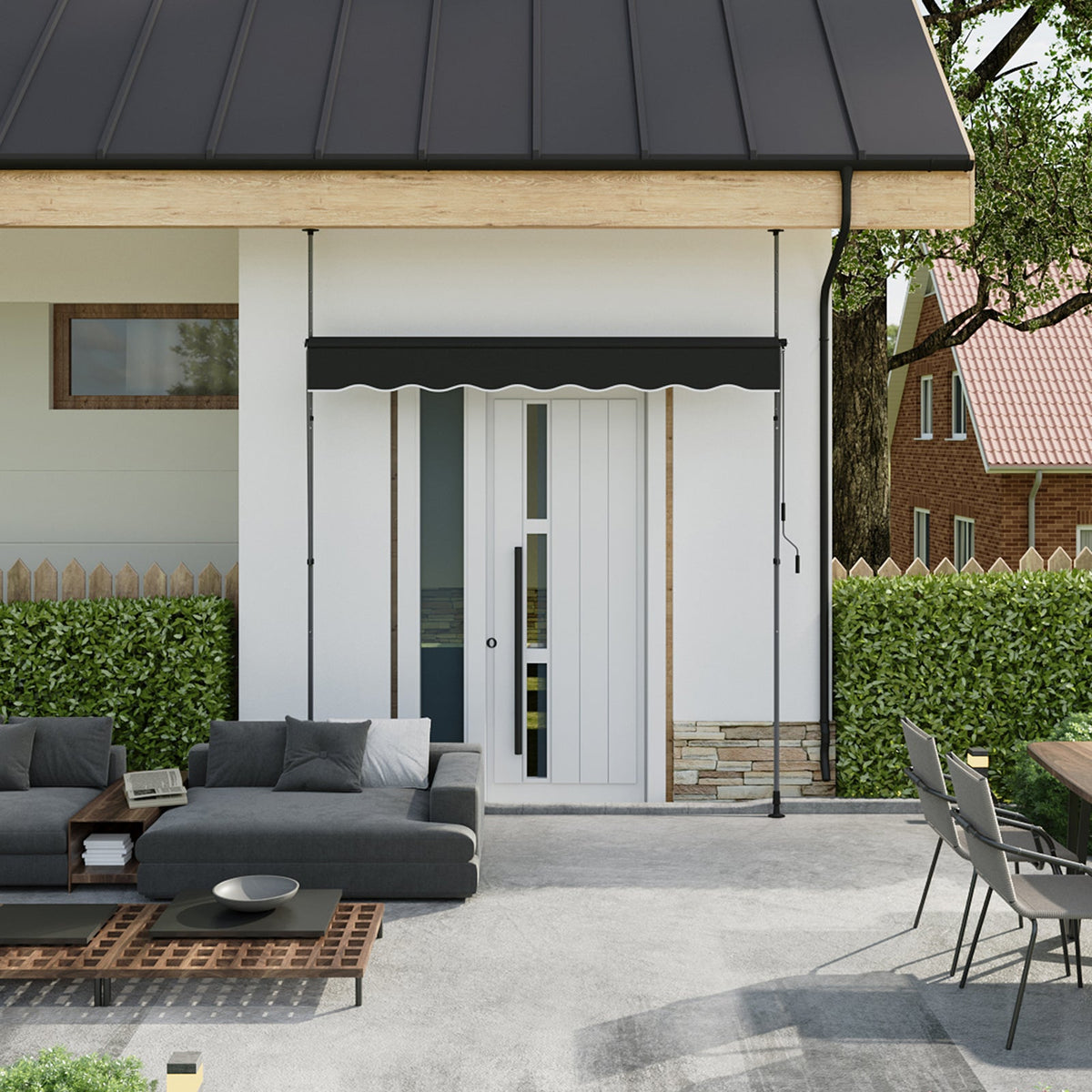Retractable Garden Sanctuary awning with adjustable support poles, providing shade and outdoor coverage.