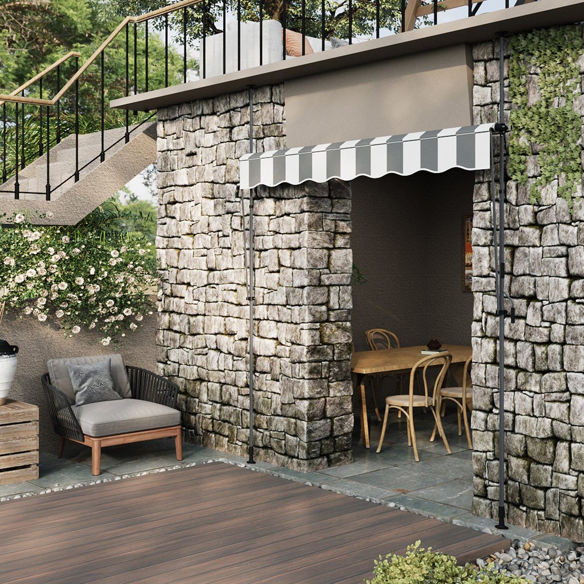 Retractable awning with adjustable support poles from Garden Sanctuary, shown extended over outdoor patio area.