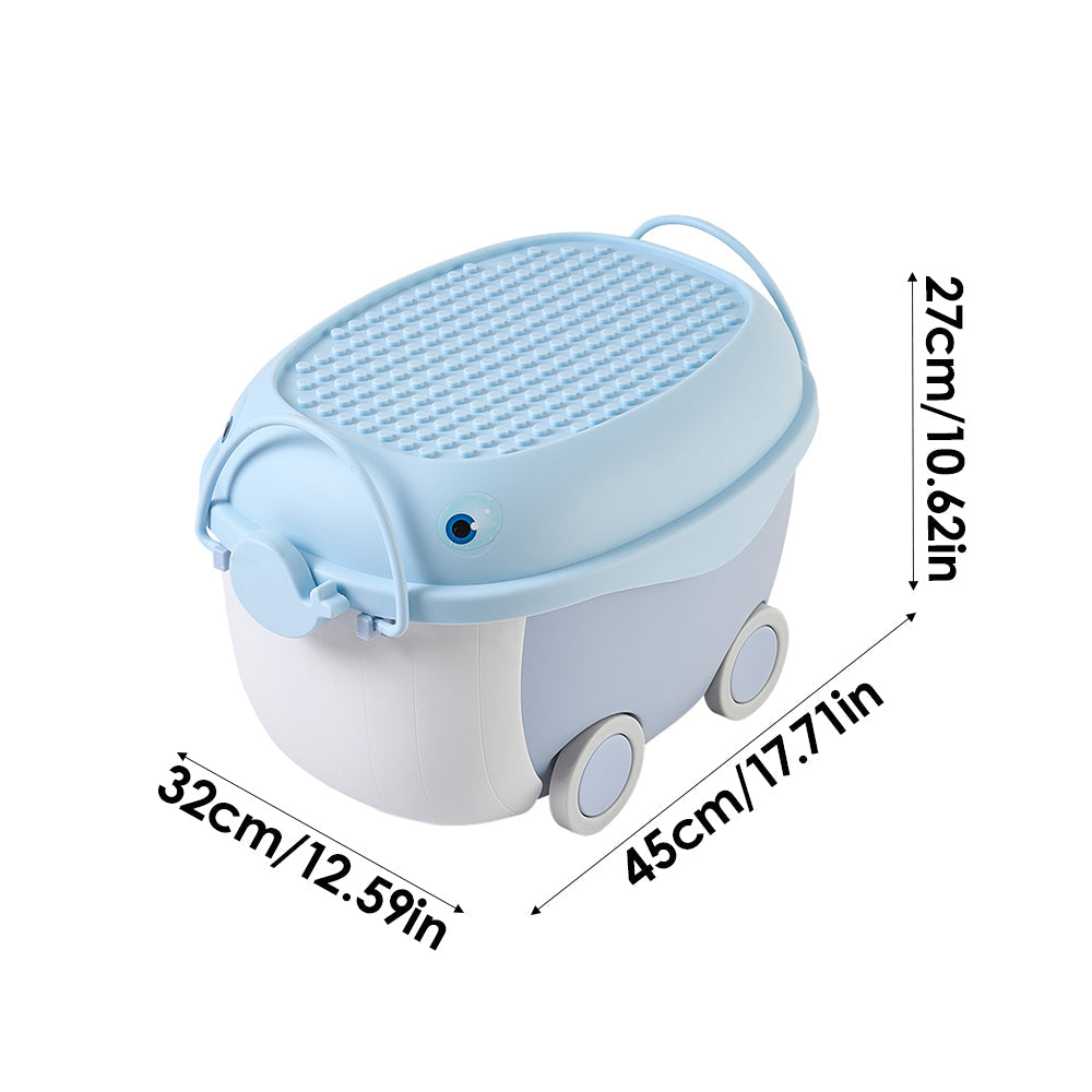 Dolphin-shaped toy storage box on wheels by Garden Sanctuary, colorful plastic container for children's toys and organization.