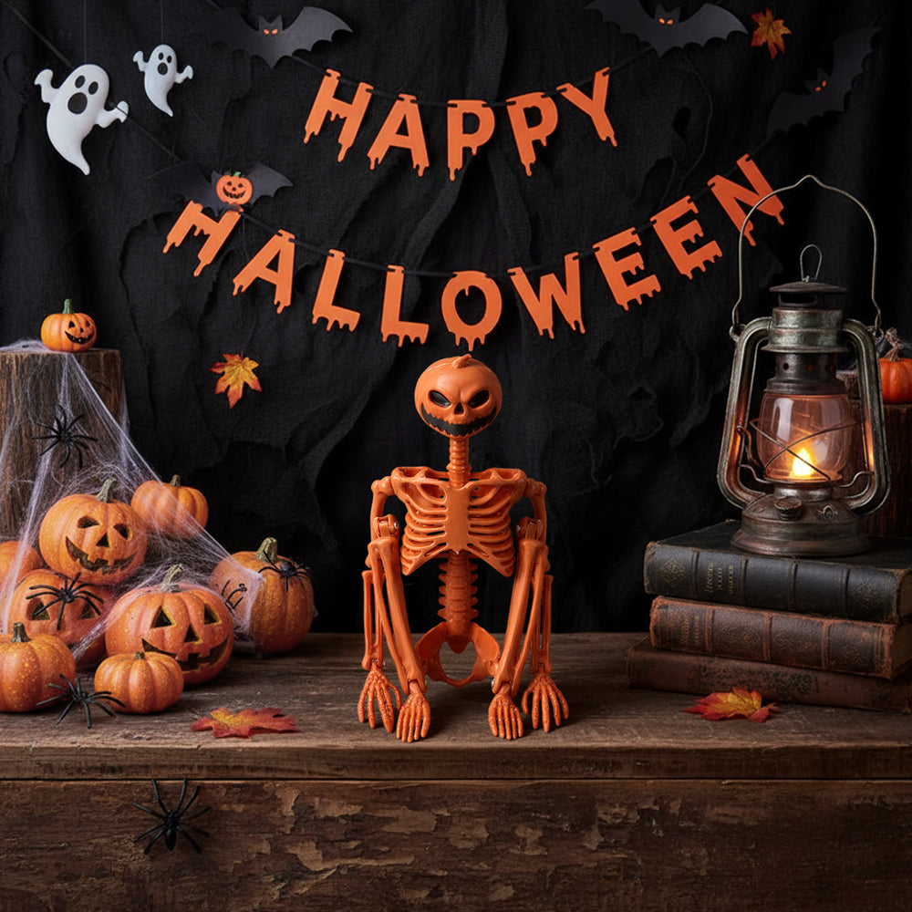 Posable Halloween pumpkin skeleton decoration from Garden Sanctuary, featuring a spooky skeleton with pumpkin accents for Halloween decor.