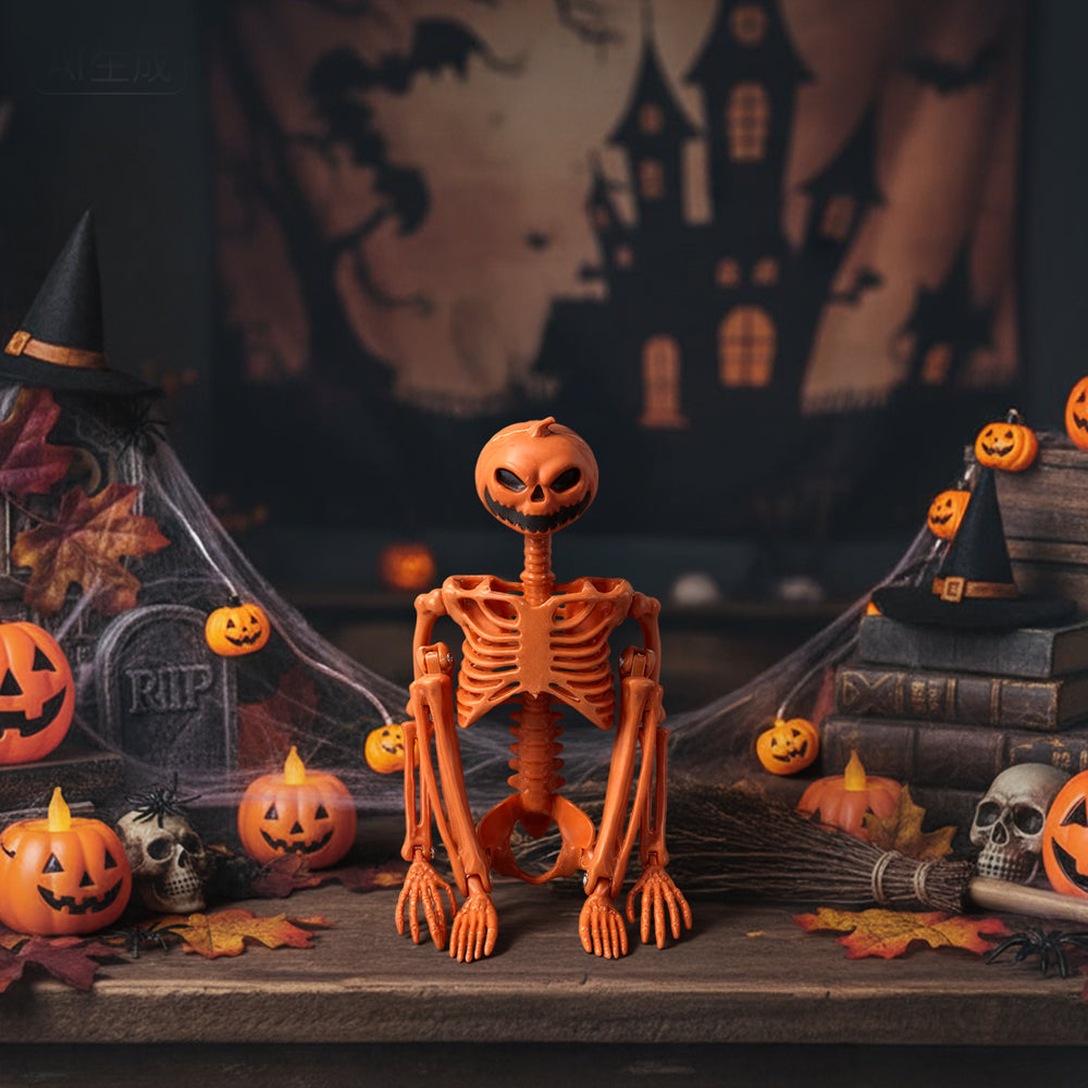 Posable Halloween pumpkin skeleton decoration from Garden Sanctuary, featuring a spooky skeleton with a carved pumpkin head for Halloween decor.