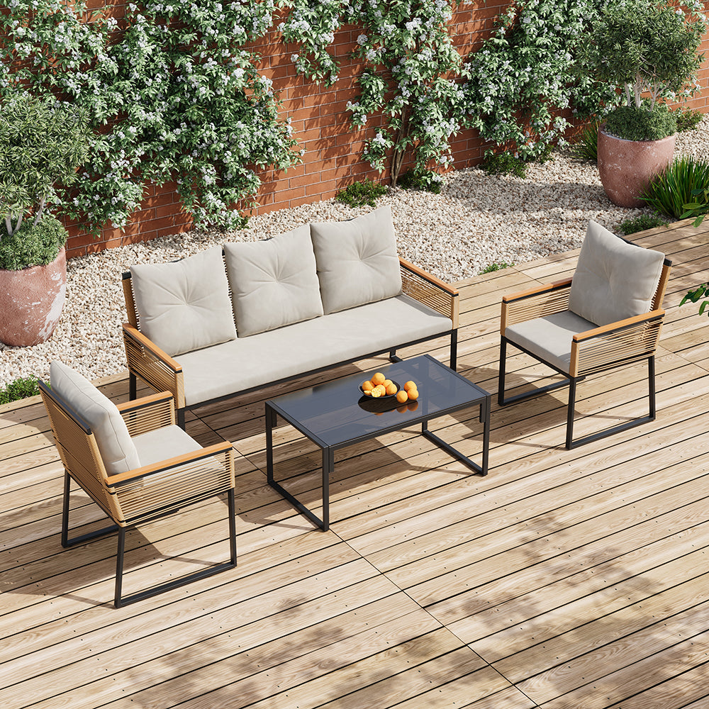 Garden Sanctuary outdoor rattan sofa with five seats and matching coffee table, perfect for garden or patio lounging.