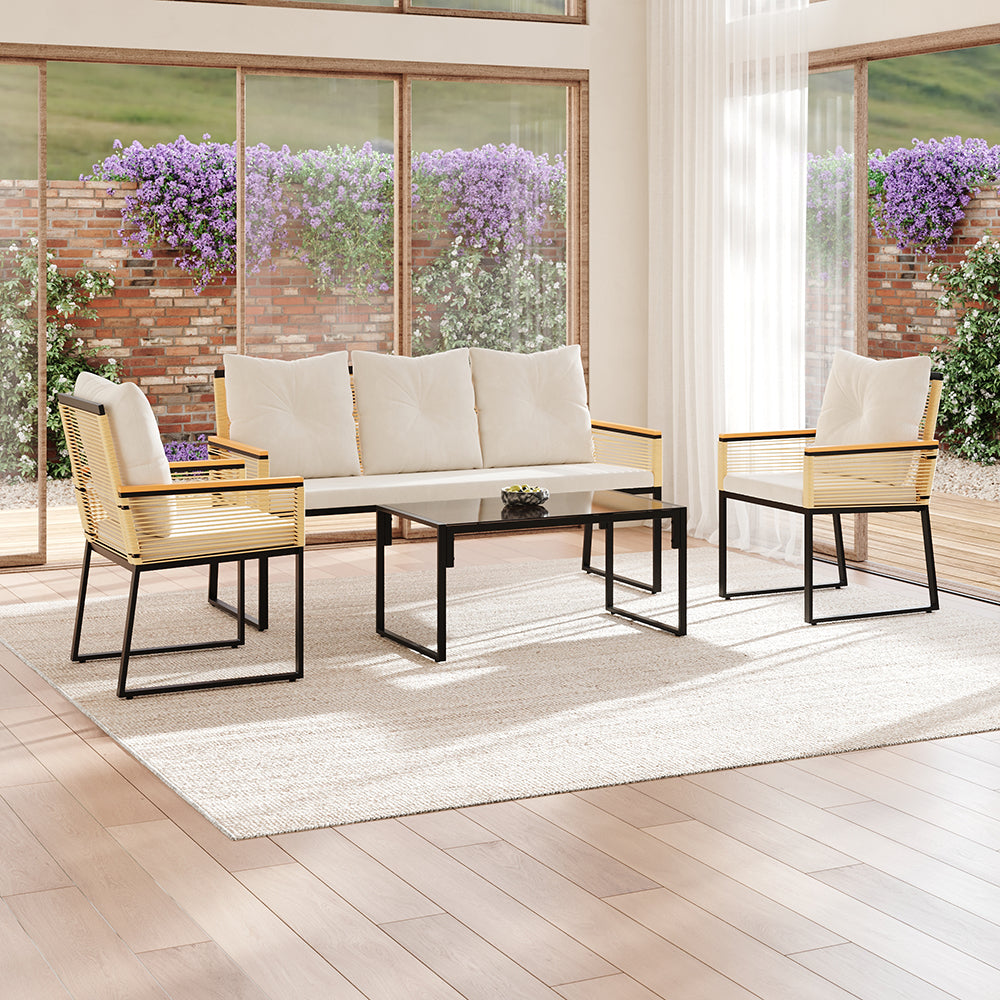 Garden Sanctuary rattan garden chair set with 5 seats and coffee table, suitable for indoor or outdoor patio lounging.