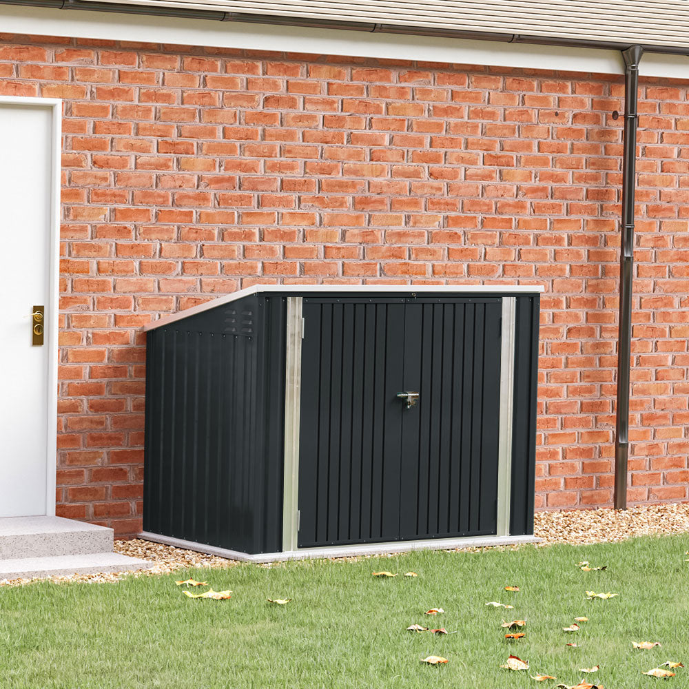 Garden Sanctuary outdoor storage shed for rubbish bins, weatherproof garden shed with double doors and ventilation.