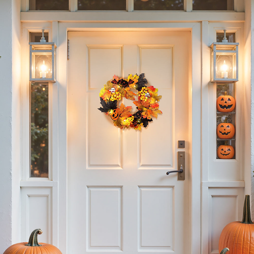 Realistic Halloween decoration wreath with LED lights, featuring spooky accents and autumn-themed elements for festive Halloween decor.
