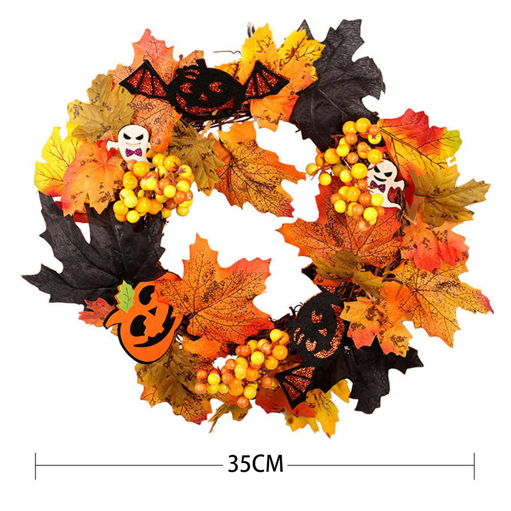 Realistic Halloween decoration wreath with LED lights, featuring autumn leaves, pumpkins, and spooky accents from Garden Sanctuary.