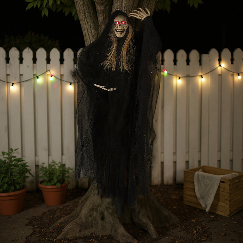 Halloween hanging skeleton ghost decor with sensor from Garden Sanctuary, featuring a spooky skeleton figure for festive outdoor display.