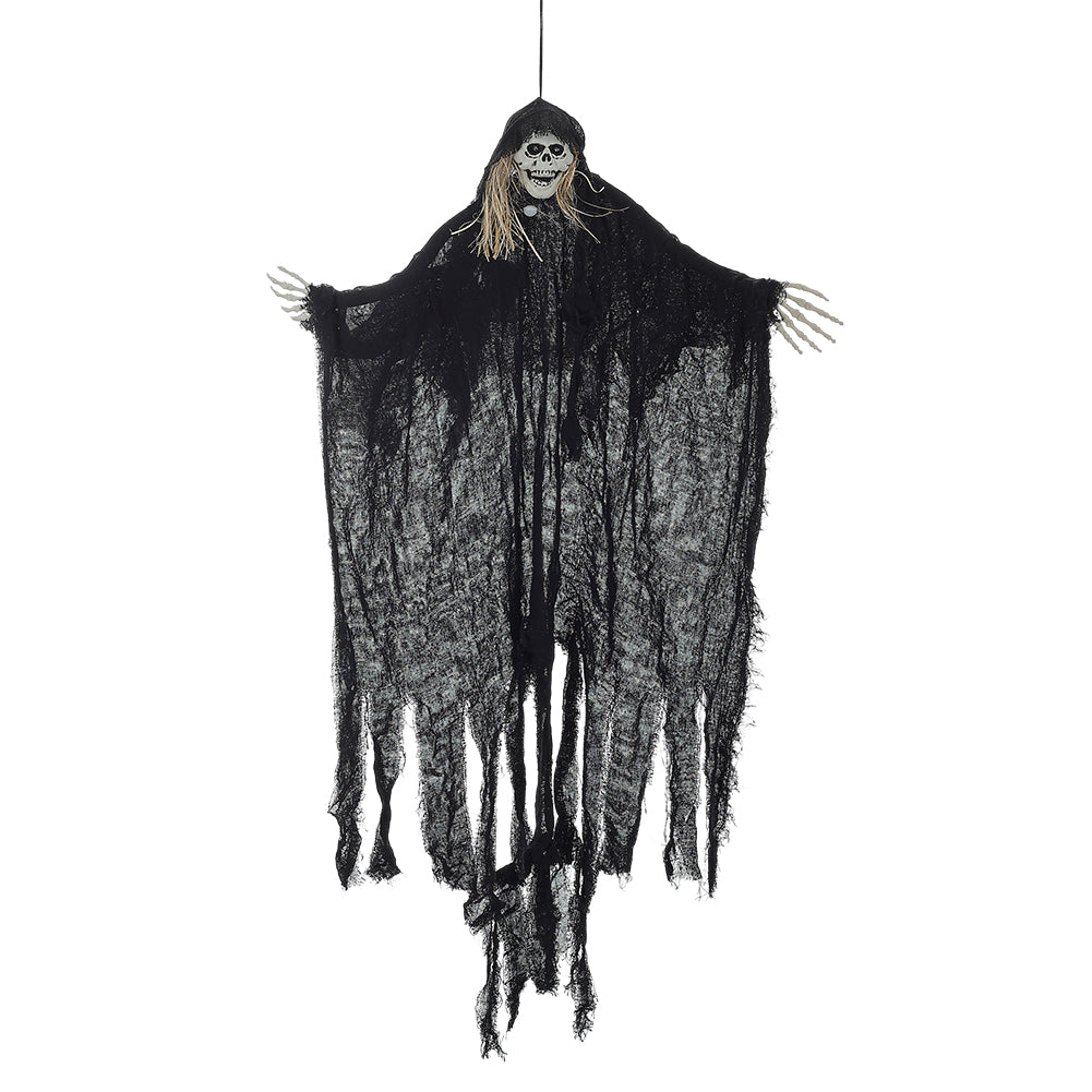 Halloween hanging skeleton ghost decor with sensor from Garden Sanctuary, perfect spooky outdoor Halloween decoration.