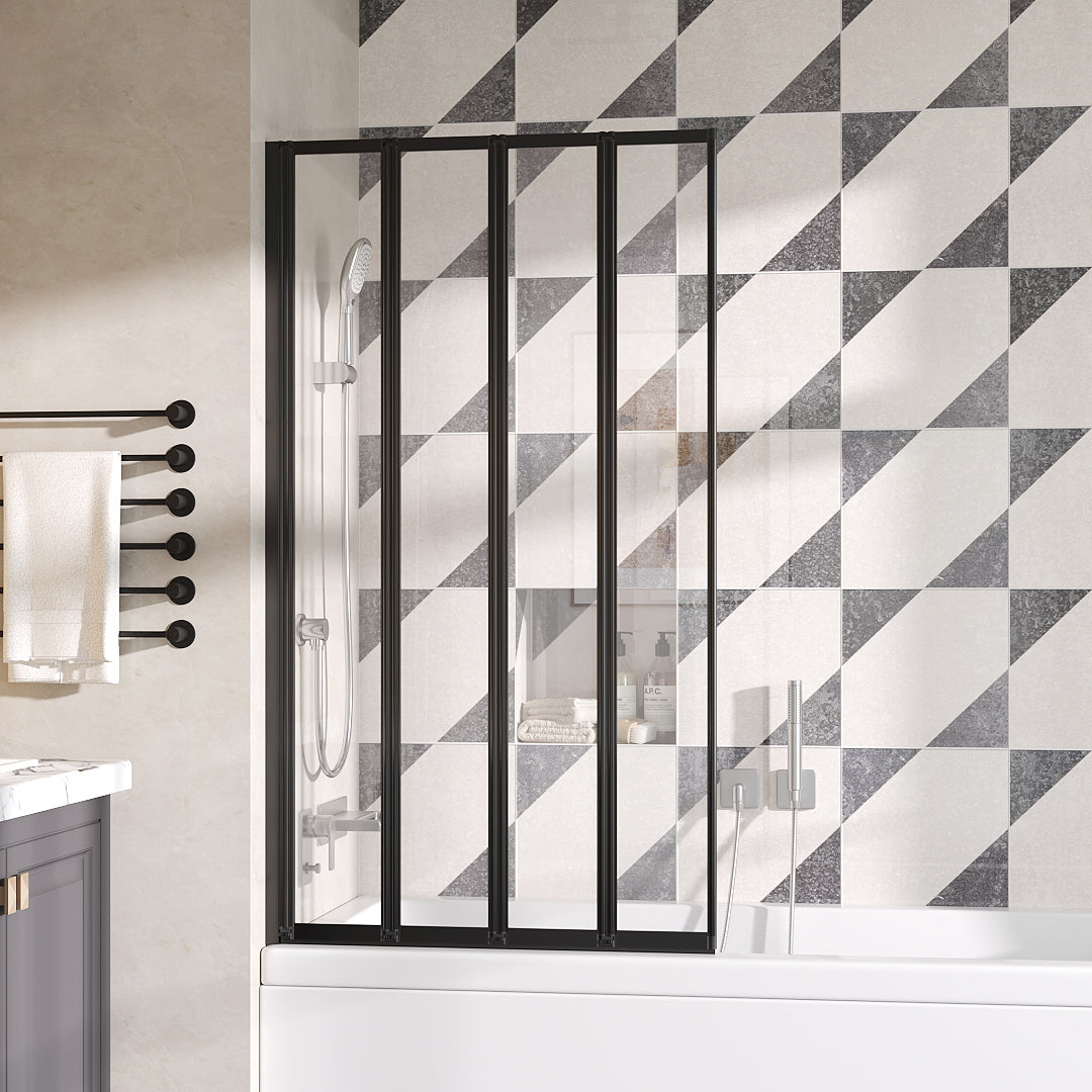 Four-panel folding over bath shower screen by Garden Sanctuary with clear glass and chrome hinges for easy access and modern style.